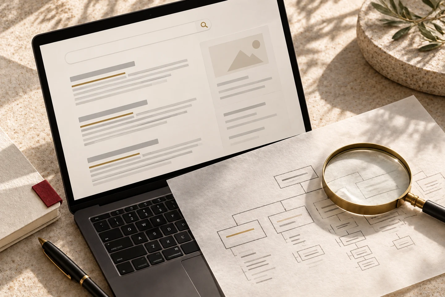 marketing SEO: naturaleza muerta en marfil, carbón y latón